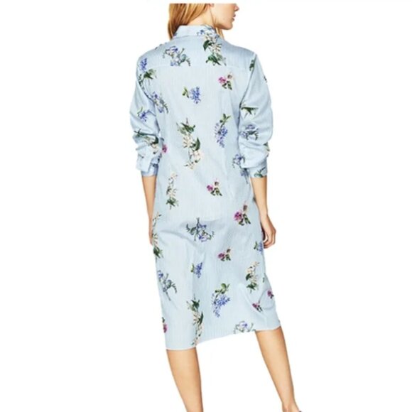 Zara Woman Blue White Pinstripe Floral Twist Knot Midi Cotton Shirt Dress Sz XS - Picture 6 of 14
